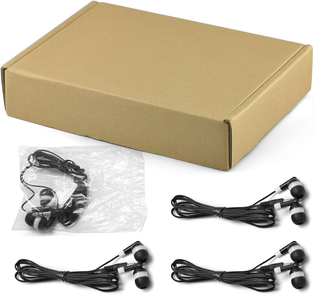 Bulk Earbuds Headphones Wholesale KWA-08-W Earphones, 100 Pack Disposable Ear Buds Bulk Individually Wrapped Headphones for School Classroom Students White