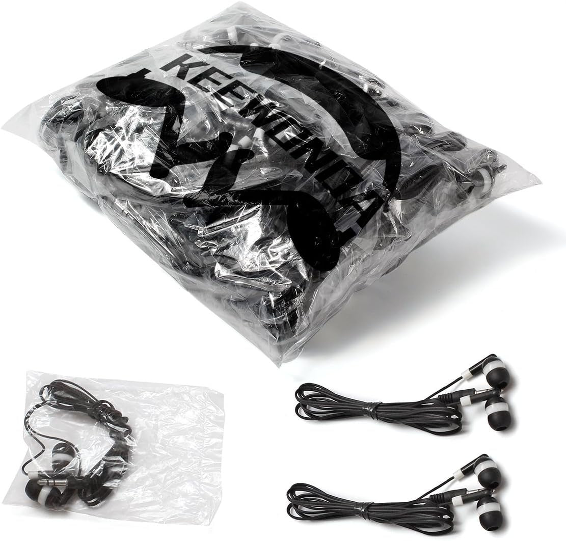 Bulk Earbuds Headphones Wholesale KWA-08-W Earphones, 100 Pack Disposable Ear Buds Bulk Individually Wrapped Headphones for School Classroom Students White